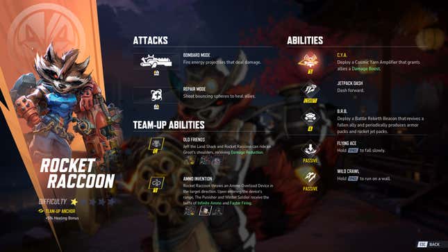 A screenshot shows Rocket Racoon's various abilities.