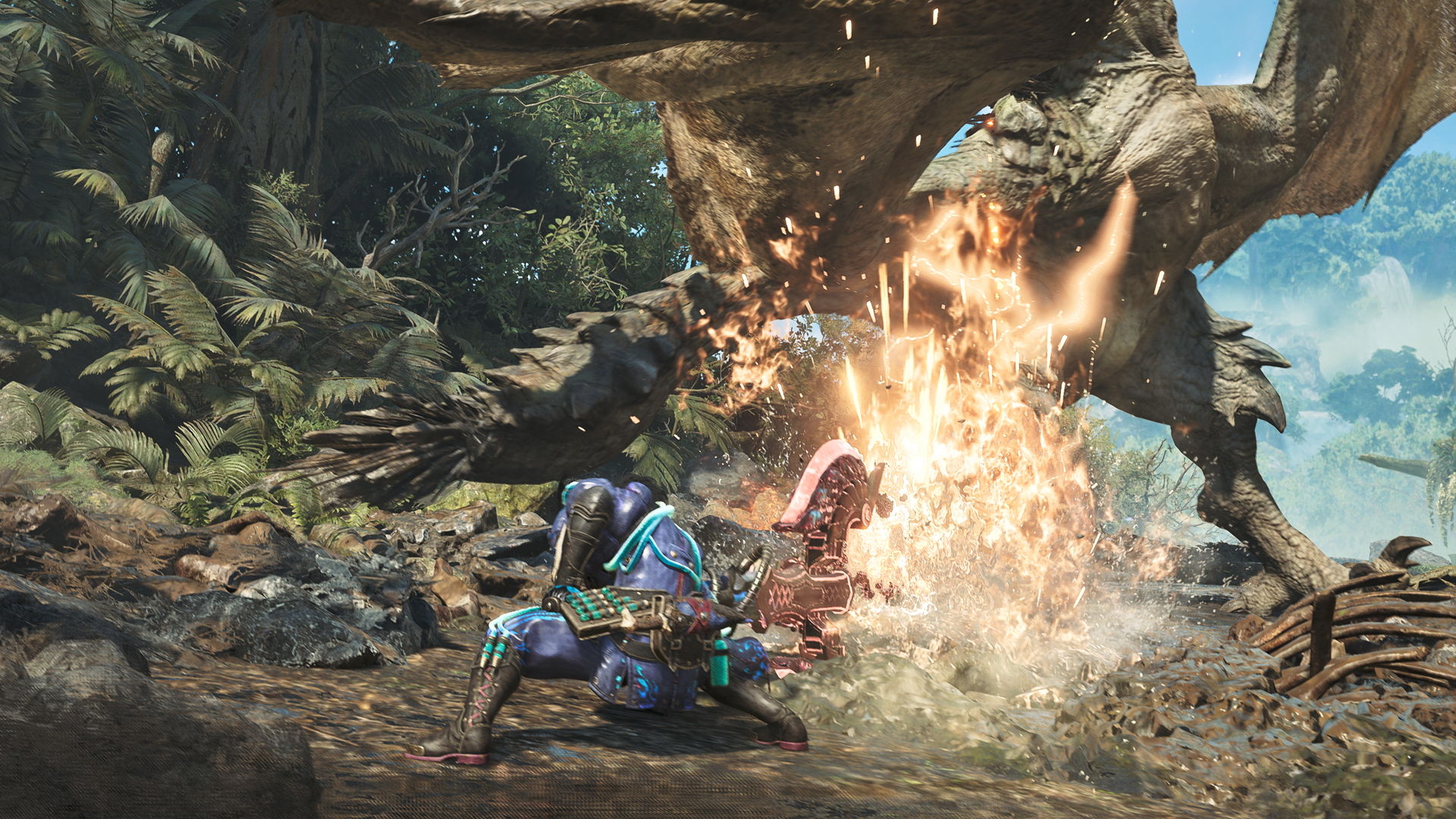 A screenshot from Monster Hunter Wilds where the player character is smashing into a monster with a giant red axe.