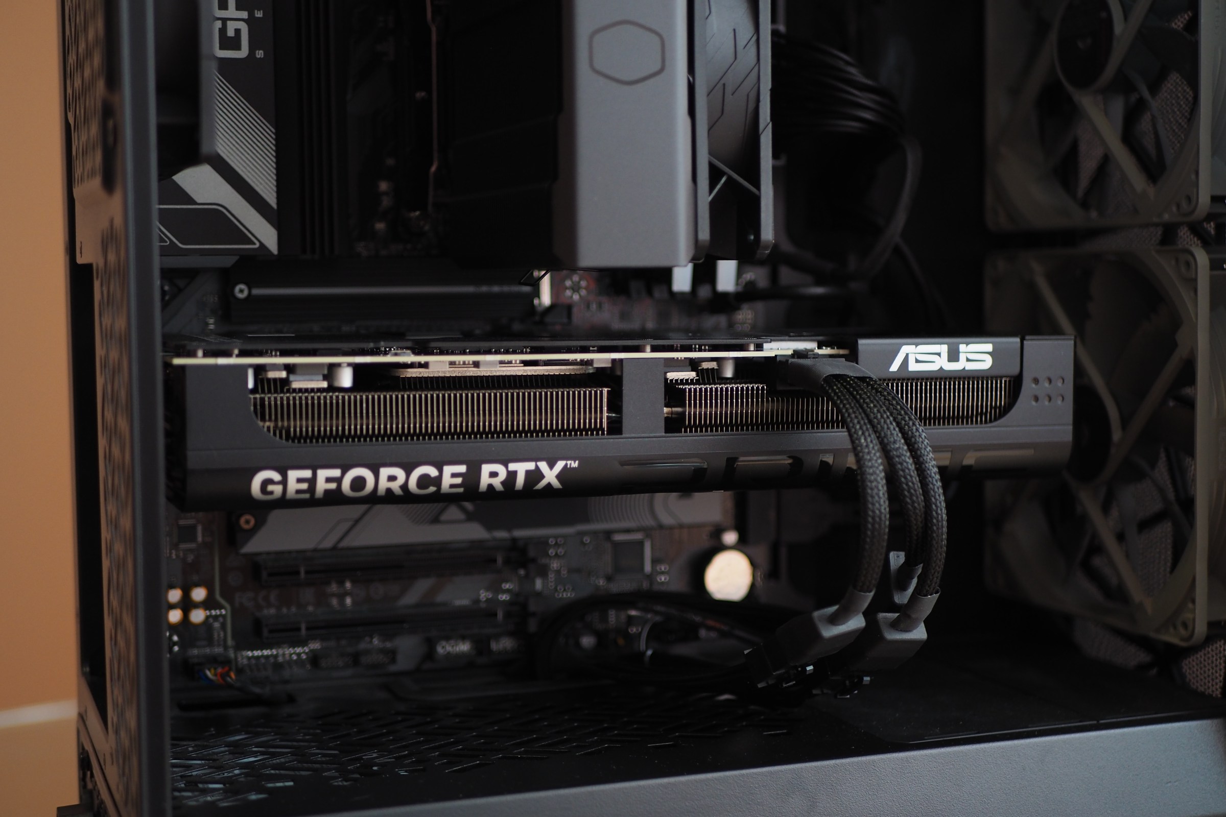 An image of the Asus Prime Nvidia RTX 5070 Ti graphics card installed in a desktop PC.