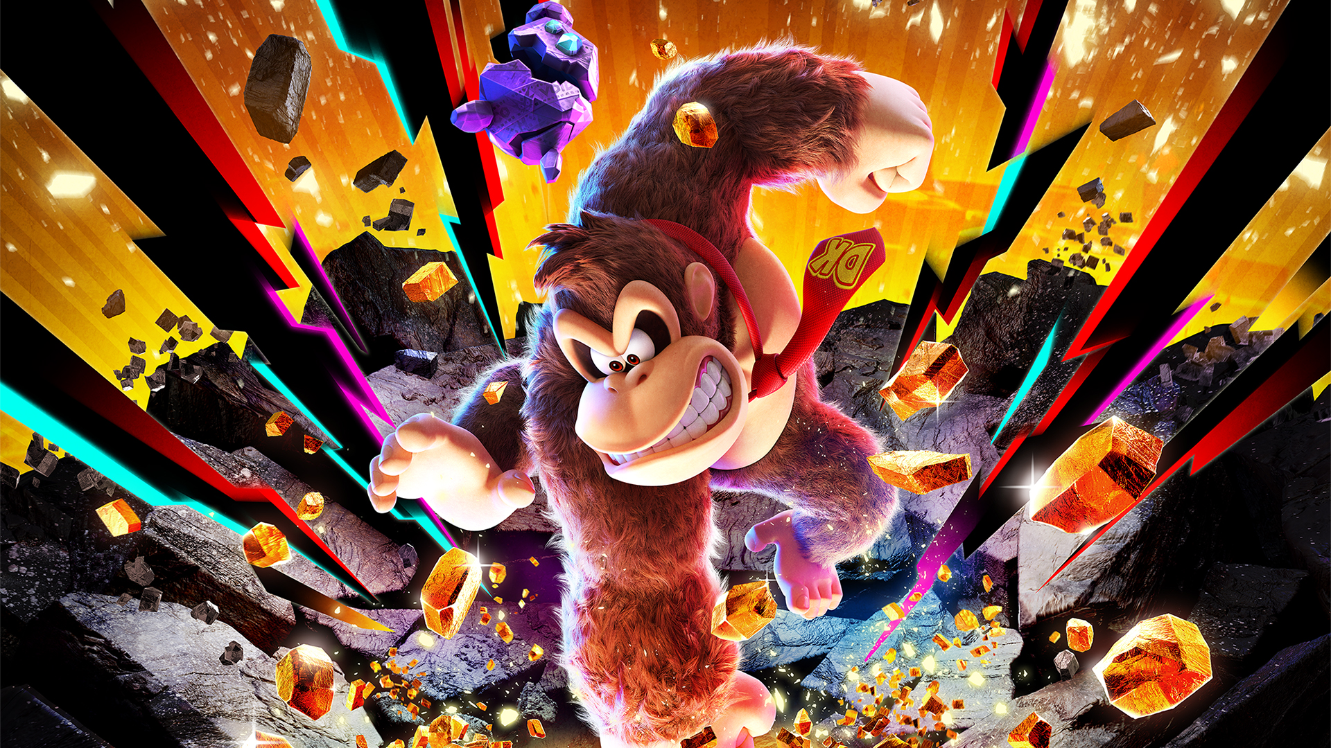 Donkey Kong smashes the ground while sidekick Oddrock hovers overhead in artwork from Donkey Kong Bananza