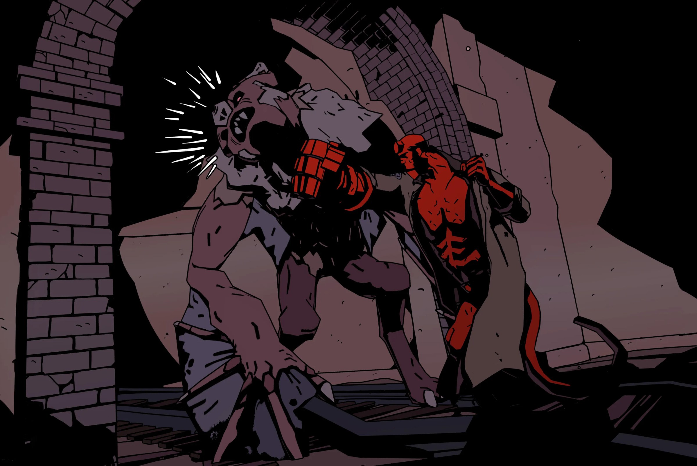 Hellboy punching a bat-like creature in Hellboy Web of Wyrd.
