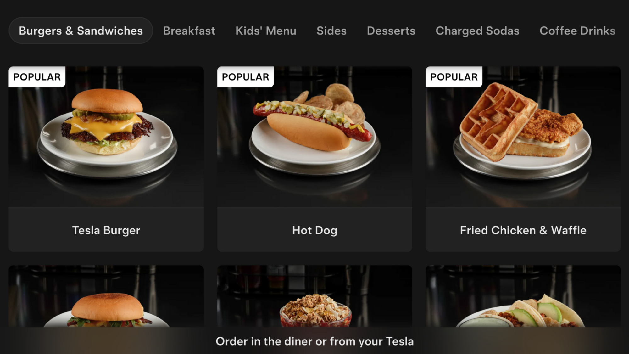 A screenshot of the Tesla Diner and Drive-In menu online.
