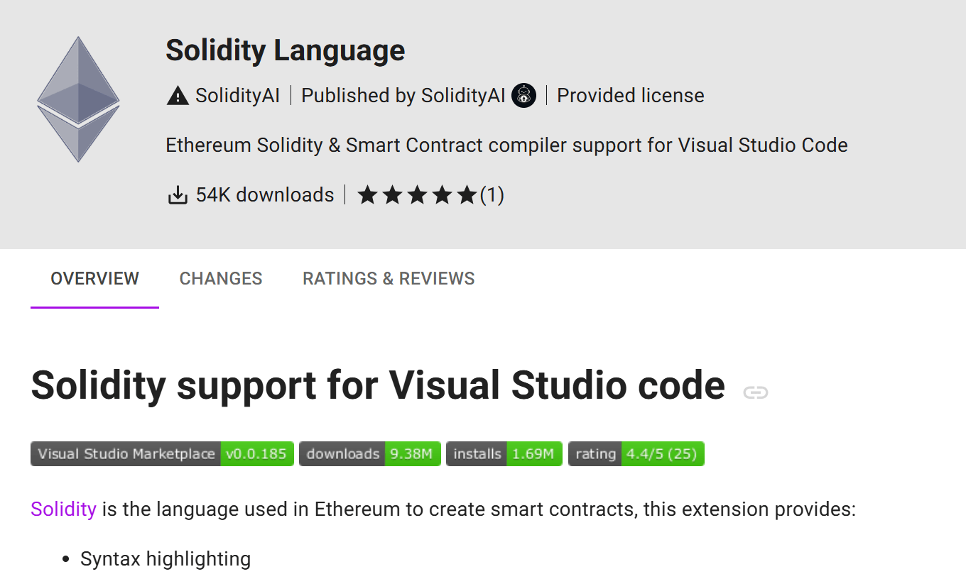 The extension's description in the Open VSX registry