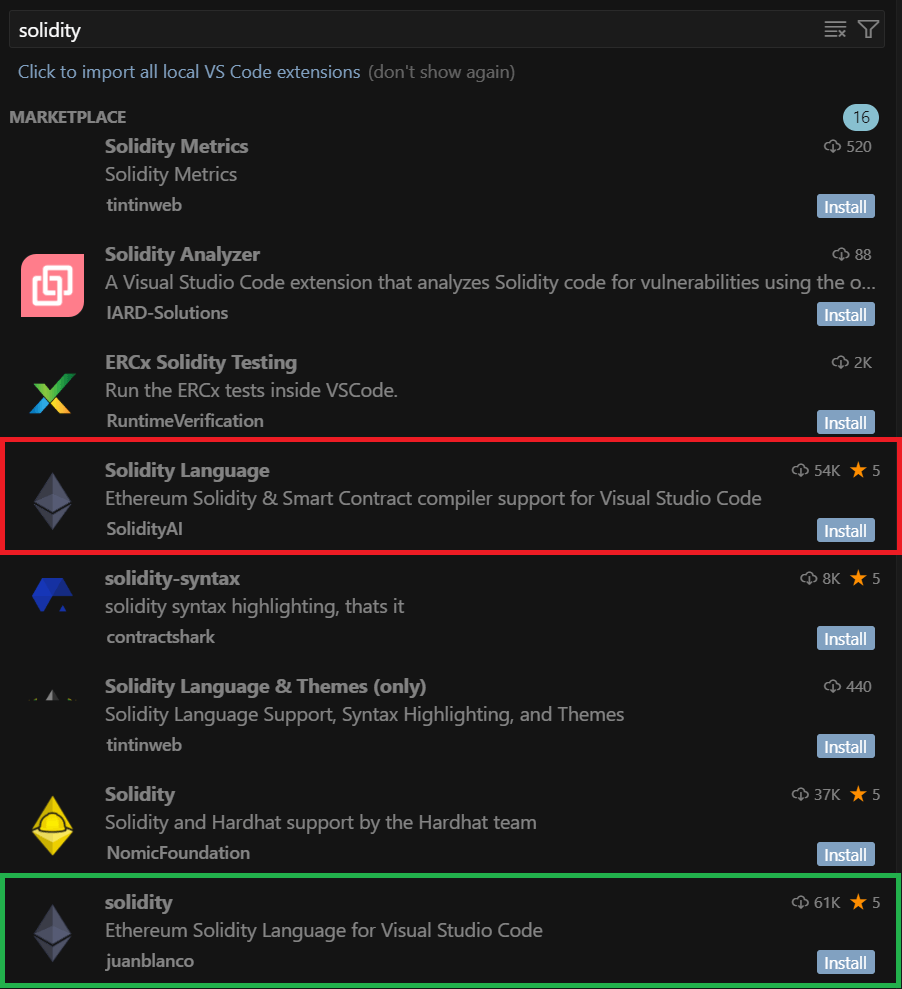Search results for "solidity": the malicious (red) and legitimate (green) extensions