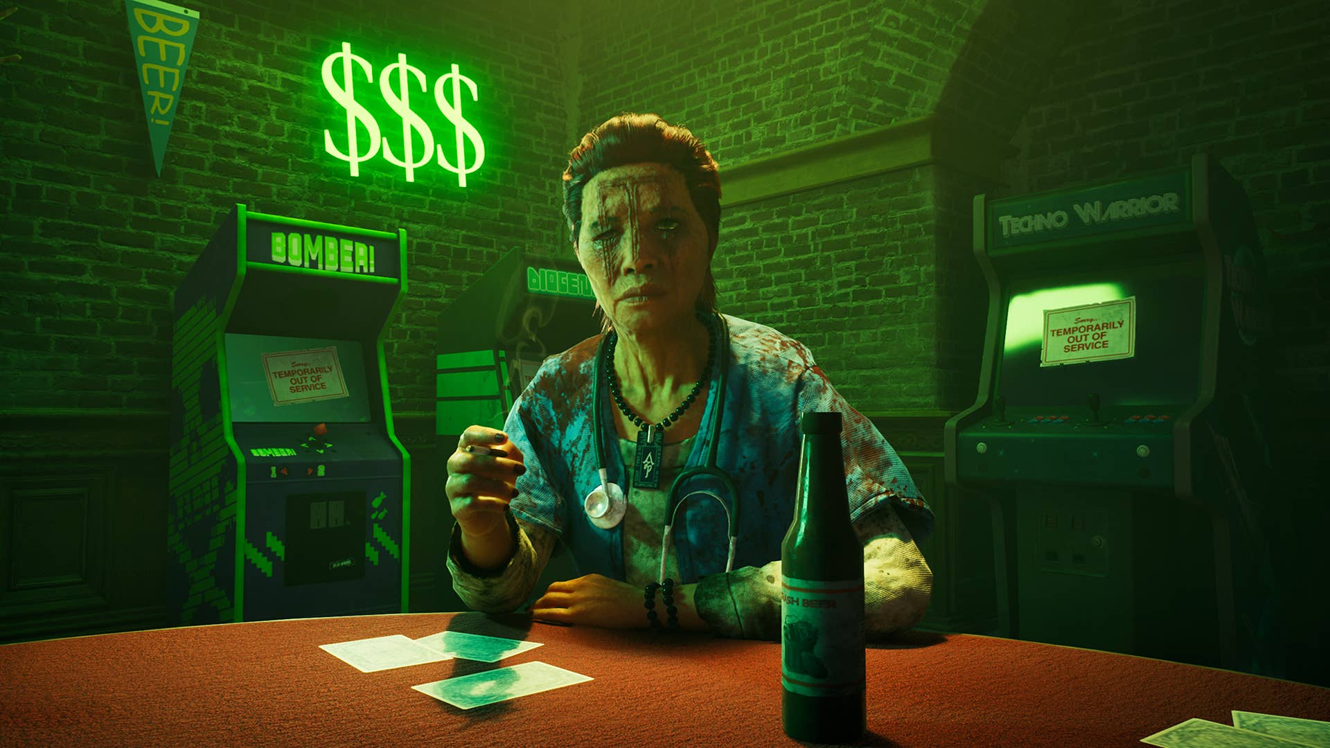 A character chilling in a bar while a bit covered in blood in Vampire: The Masquerade - Bloodlines 2.