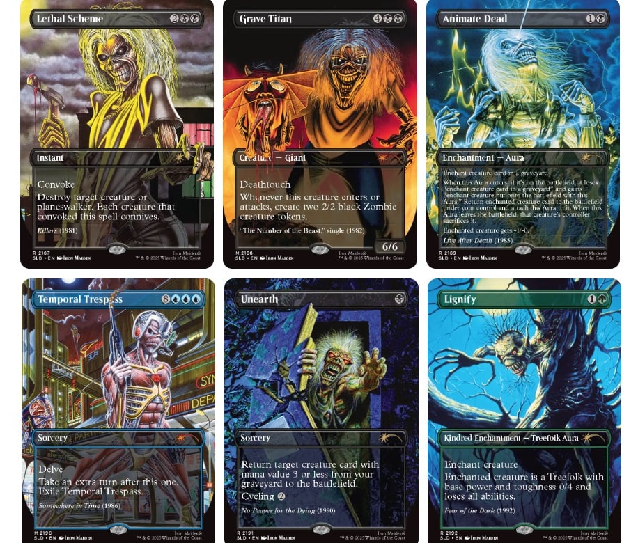 Iron Maiden album art is shown on cards. 