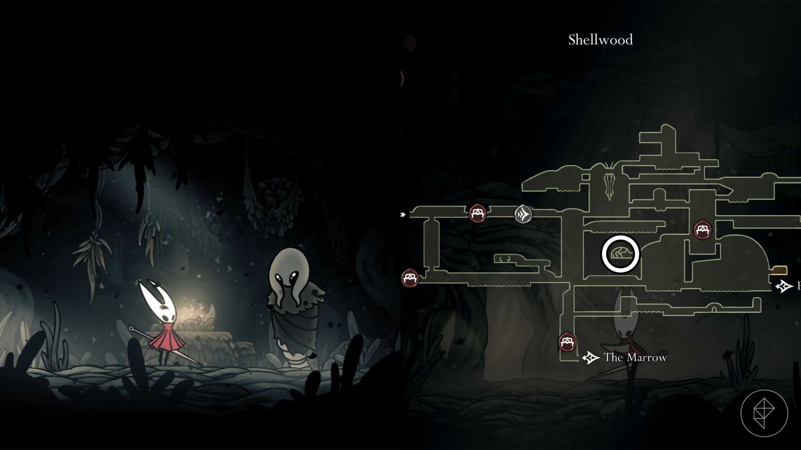 Hornet talking to Greyroot in Shellwood in Hollow Knight: Silksong.