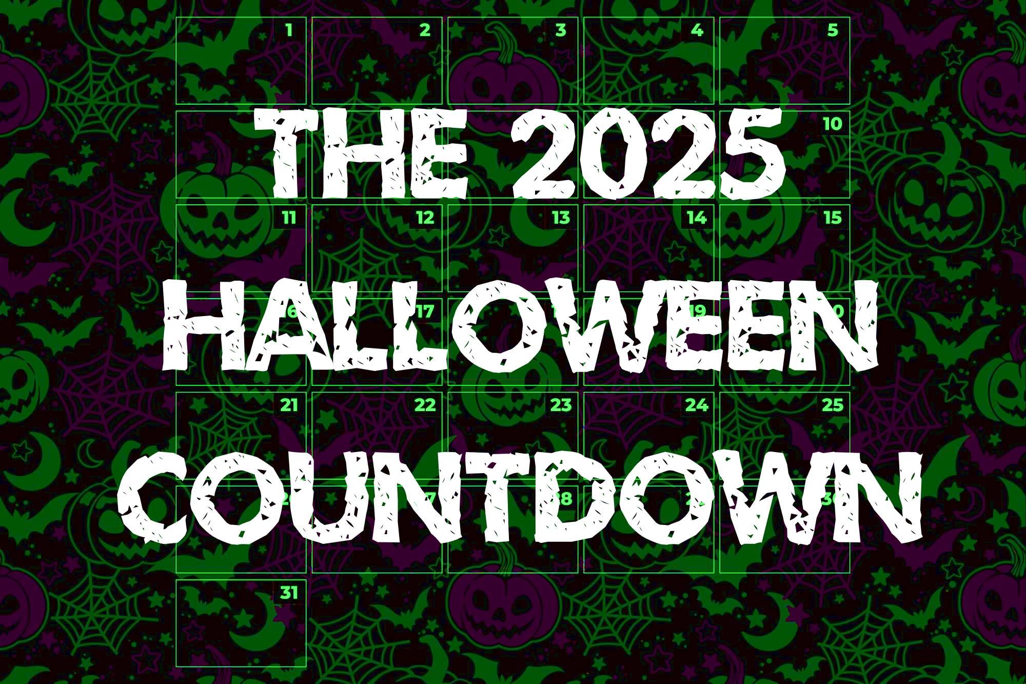 A calendar image for the 2025 Halloween Countdown, showing the month of October against a spooky background of pumpkins and spiderwebs