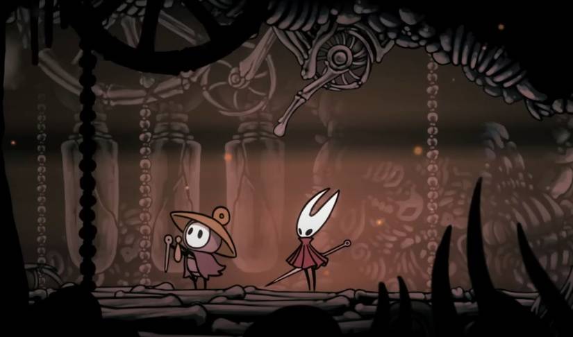 The protagonist of Hollow Knight: Silksong stands next to Sherma, a pure-hearted bug who quickly became a fan favorite. 