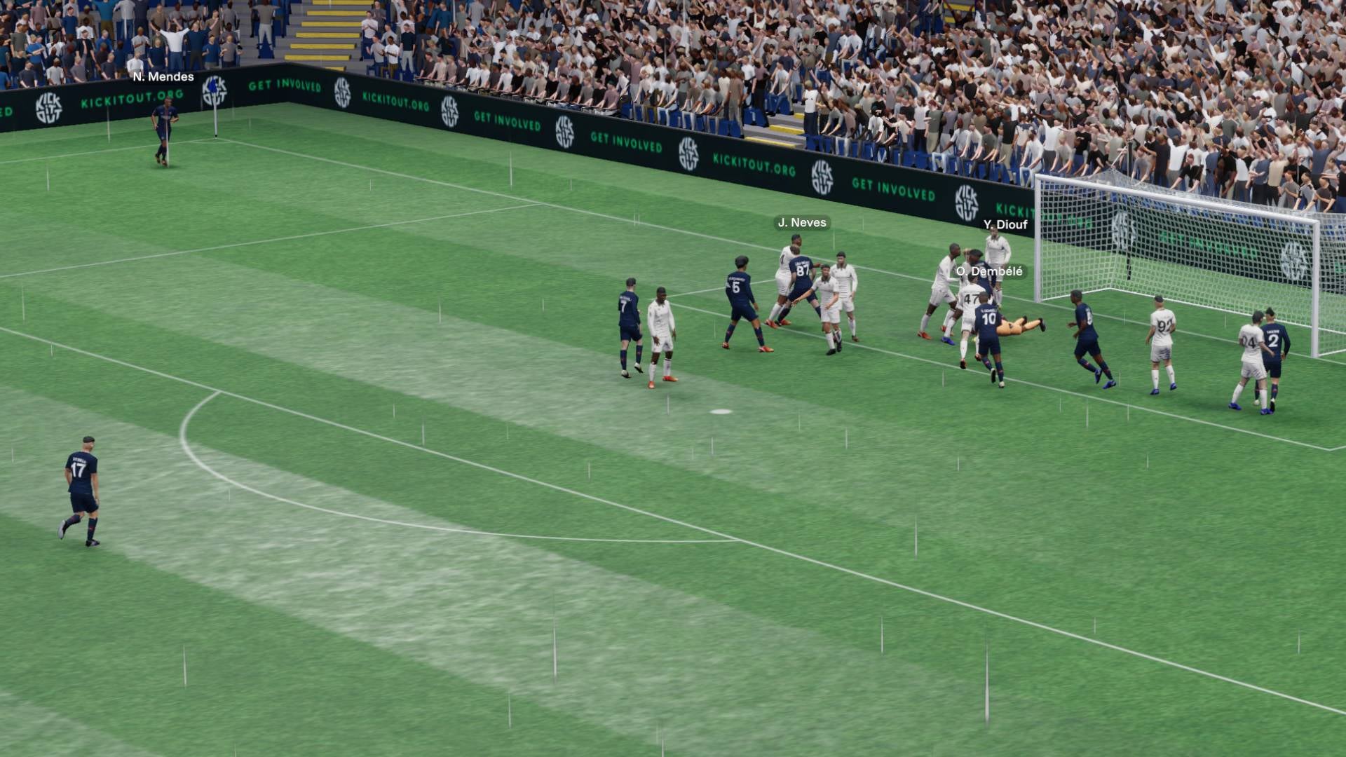 Players cluster around the goal like bowling pins, hoping to block an incoming shot in Football Manager 26.