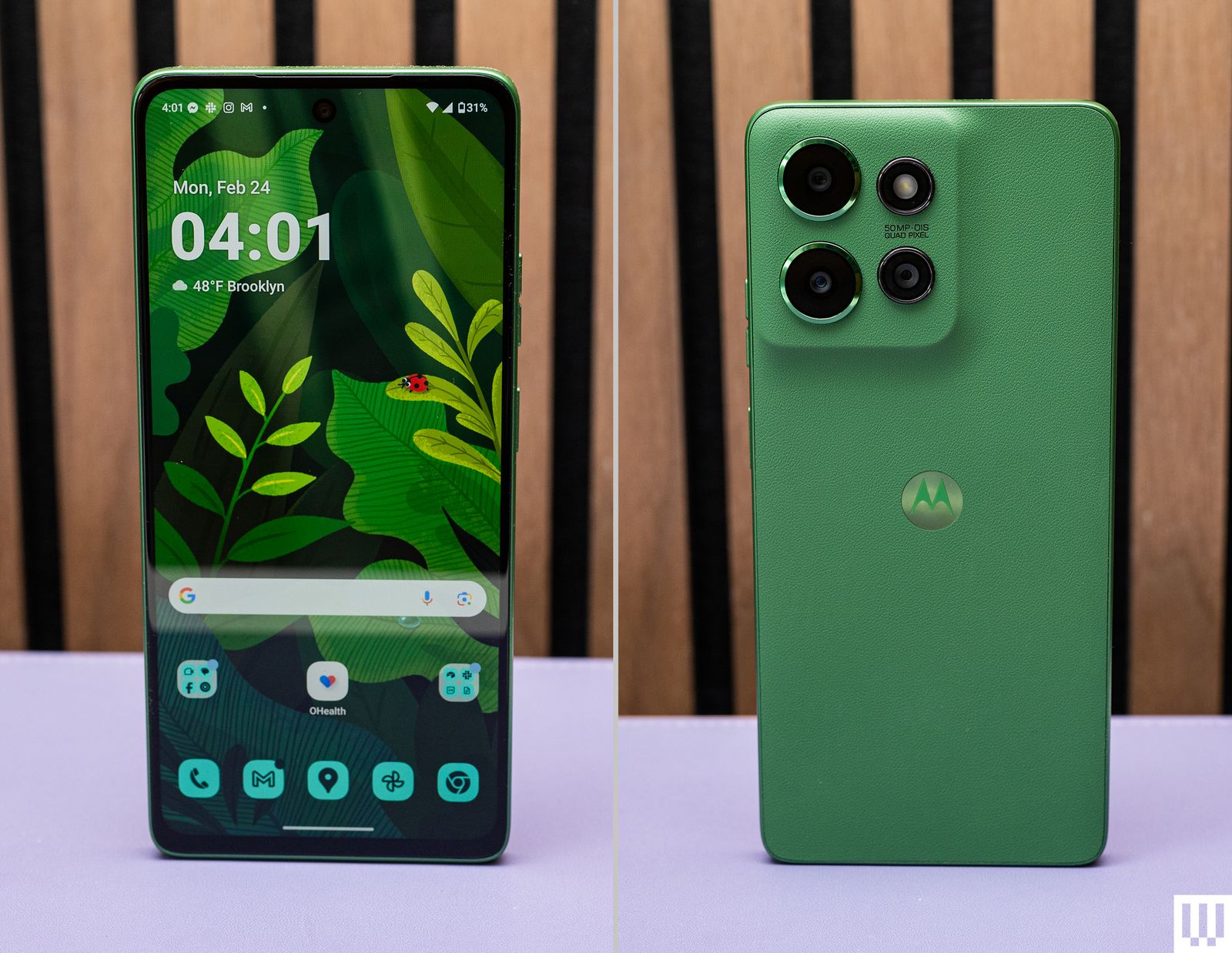 Front and rear view of Motorola Moto G Power 2025 a green mobile phone with app icons on the screen and 4 cameras on the...
