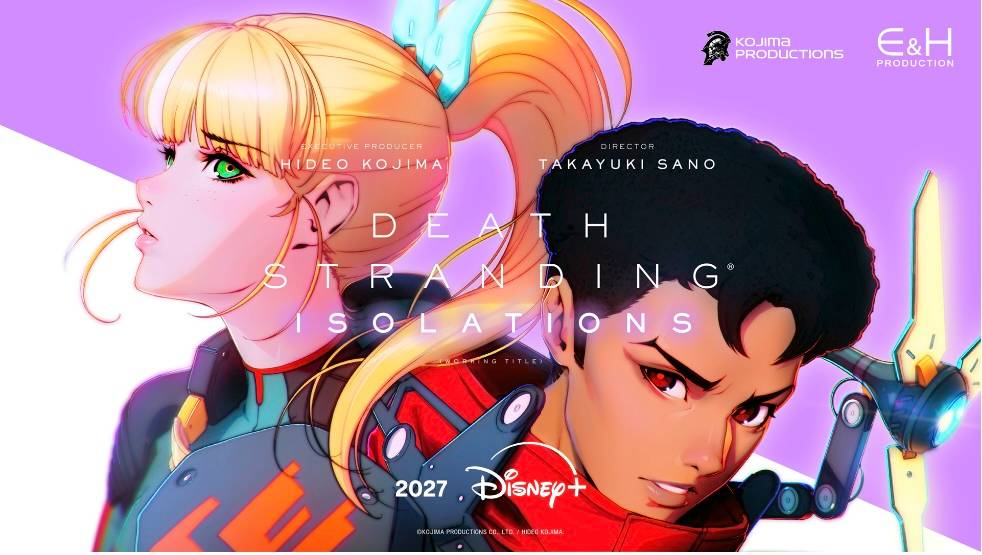 A woman with a blonde ponytail and a young man with black hair wearing porter equipment stand next to each other in the concept art for Death Stranding Isolations